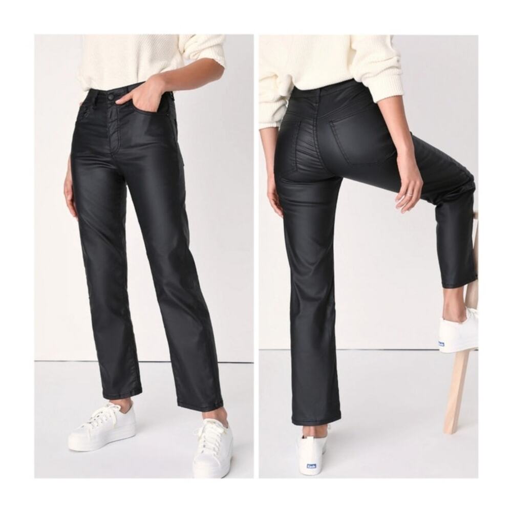 Free People Pacifica Faux Leather High Rise Slim Straight Pants 30 Coated Moto